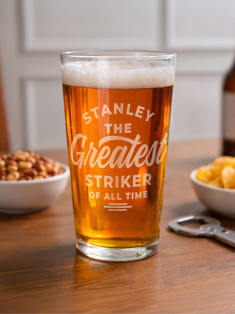PMC personalised pint glass with custom name and sport (British brand)