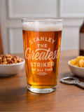 PMC personalised pint glass with custom name and sport (British brand)