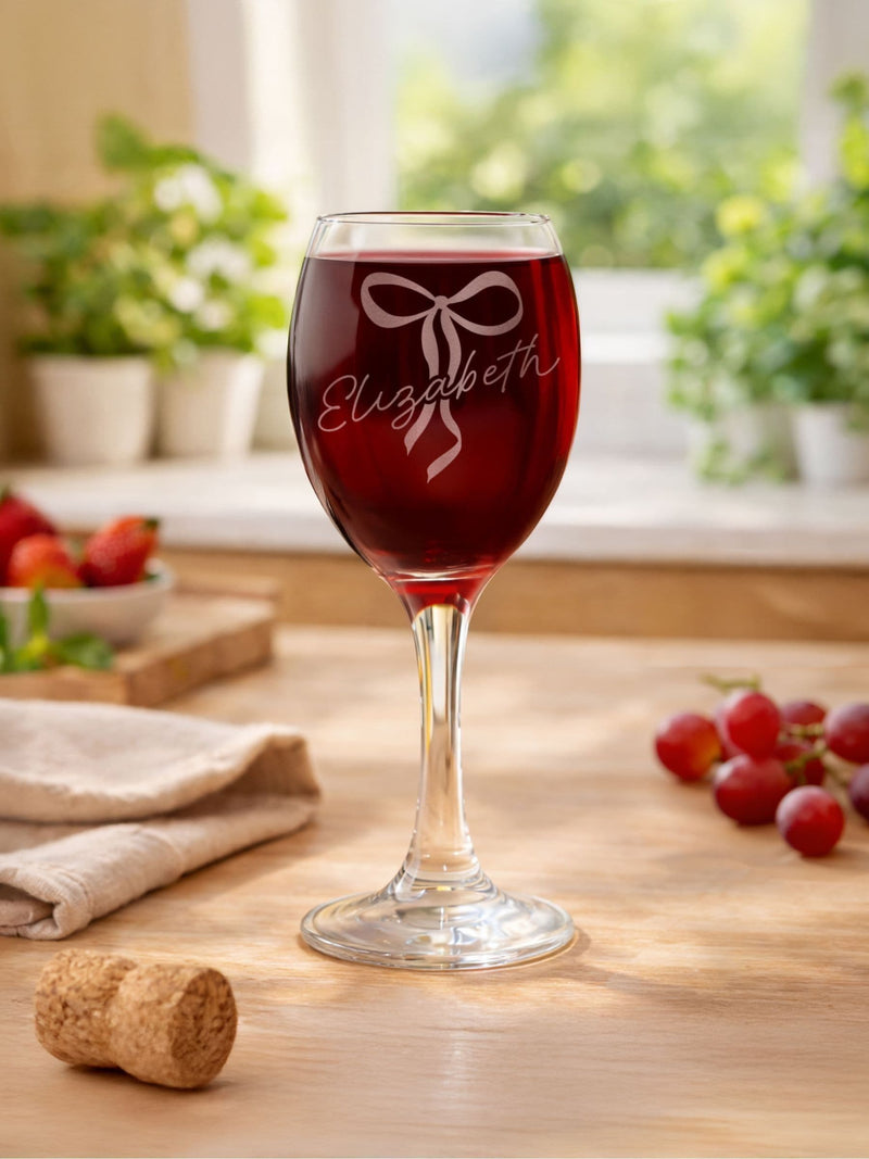 PMC personalised bow wine glass 7.5cm, UK version