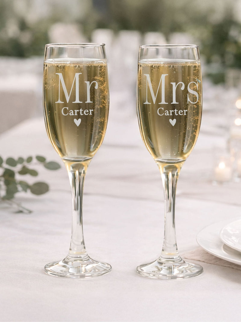 PMC personalised Mr & Mrs flute glasses pair, imported from the UK