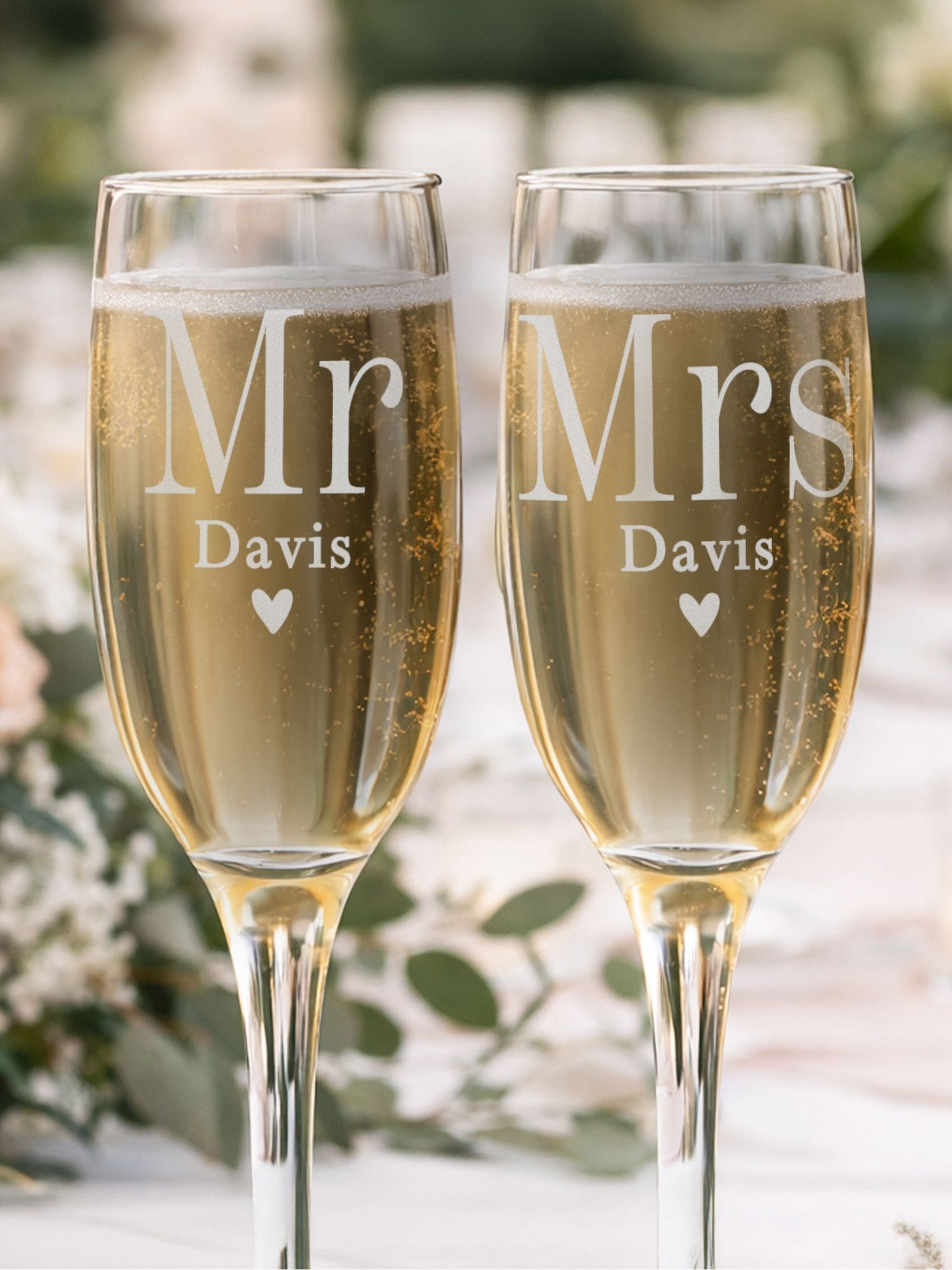 PMC personalised Mr & Mrs flute glasses pair, imported from the UK