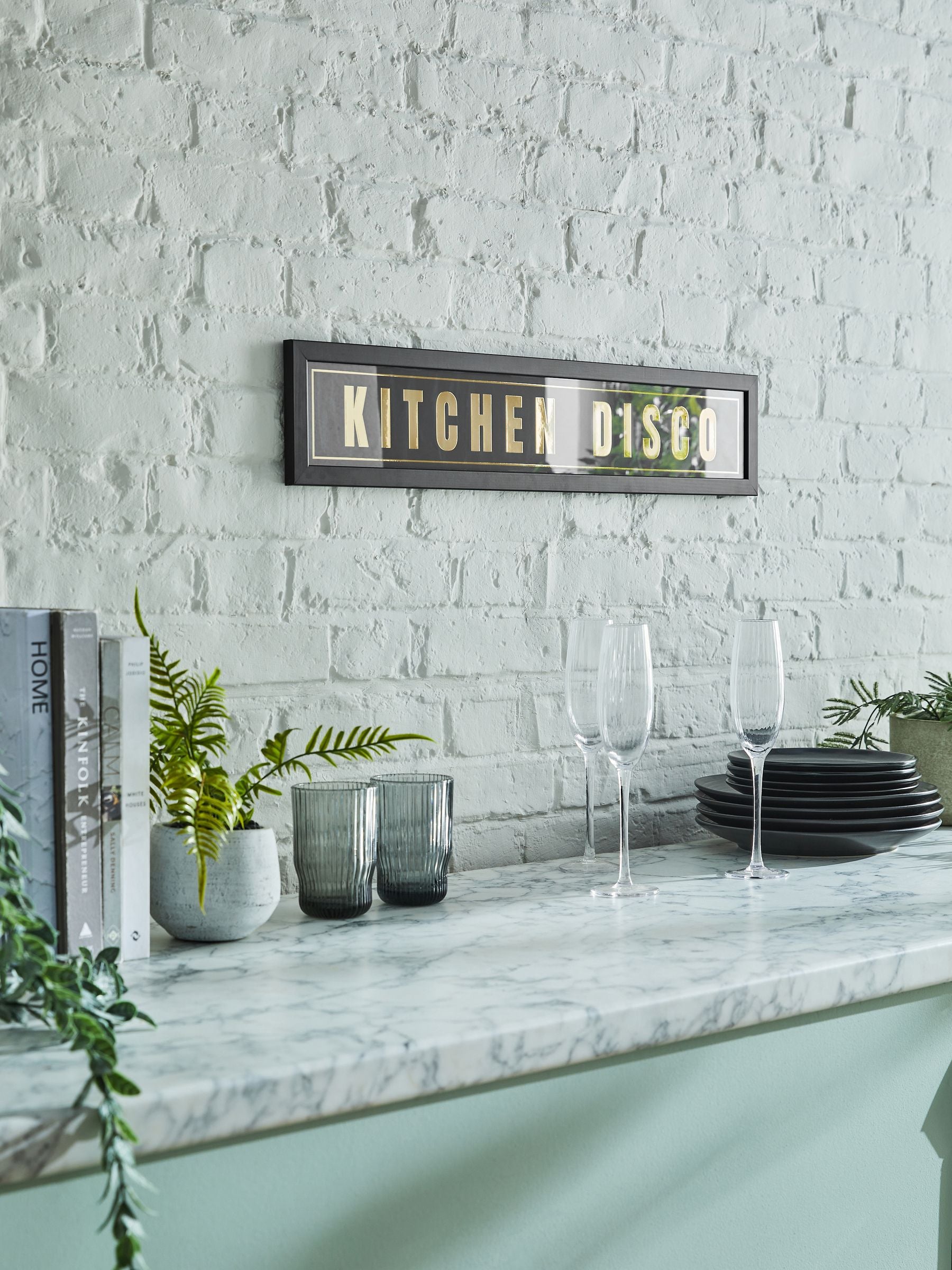 Black and gold Kitchen Disco framed wall art, 14x71cm - British product