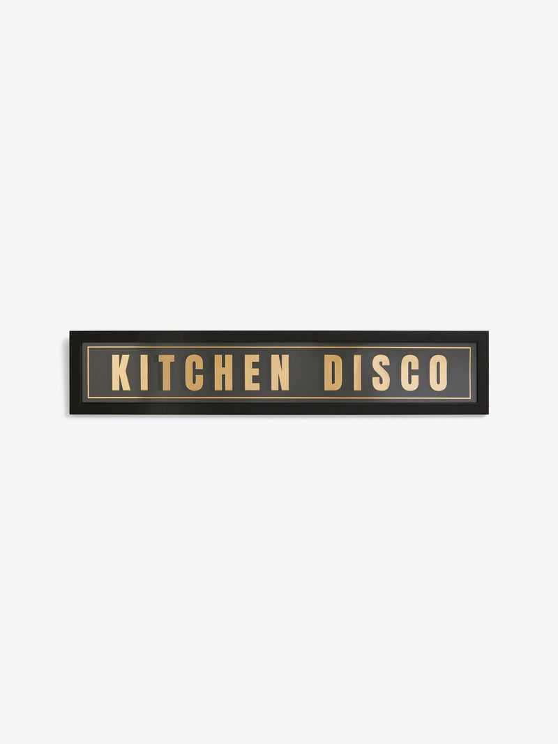 Black and gold Kitchen Disco framed wall art, 14x71cm - British product
