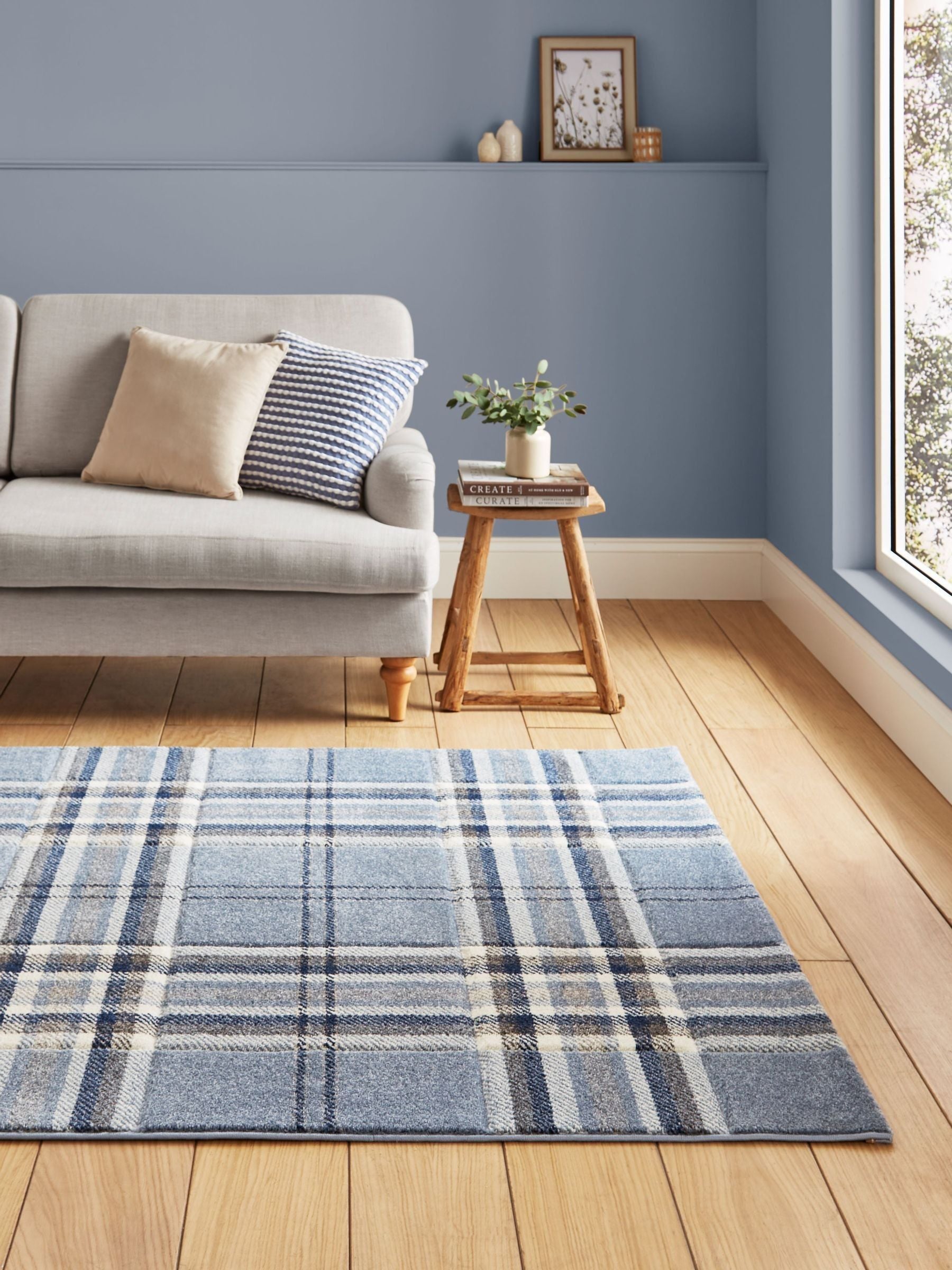 Catherine Lansfield blue kelso check tartan rug, imported from the UK