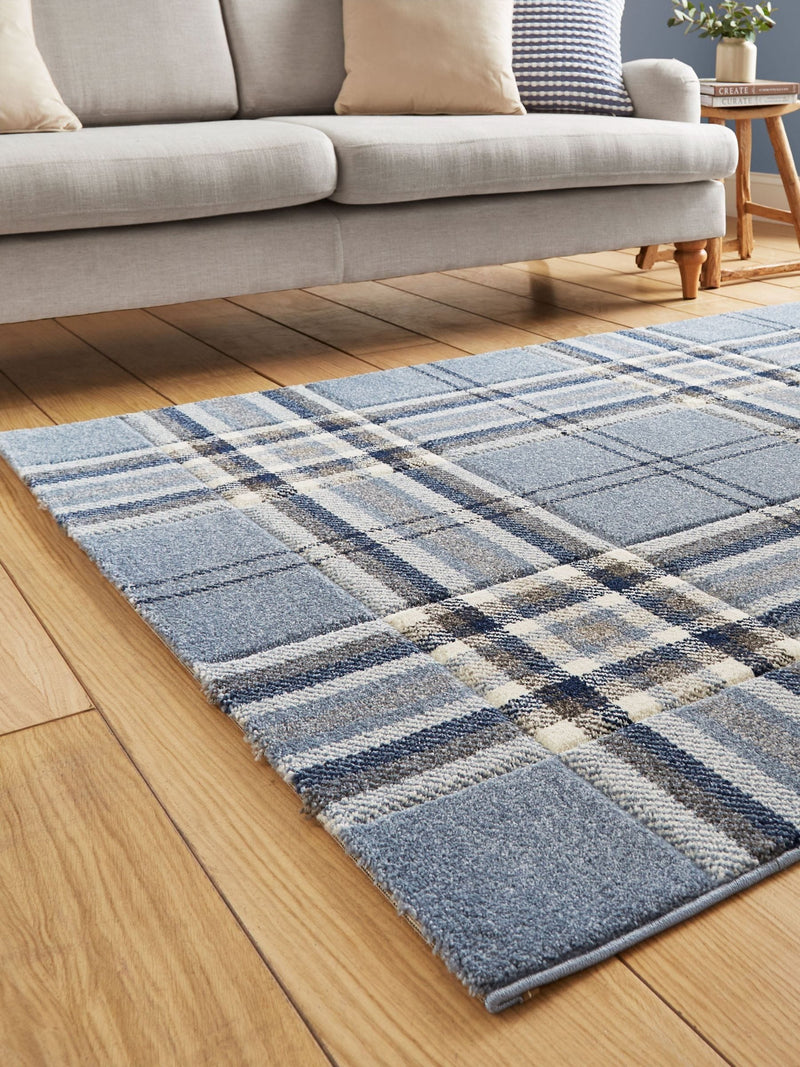Catherine Lansfield blue kelso check tartan rug, imported from the UK