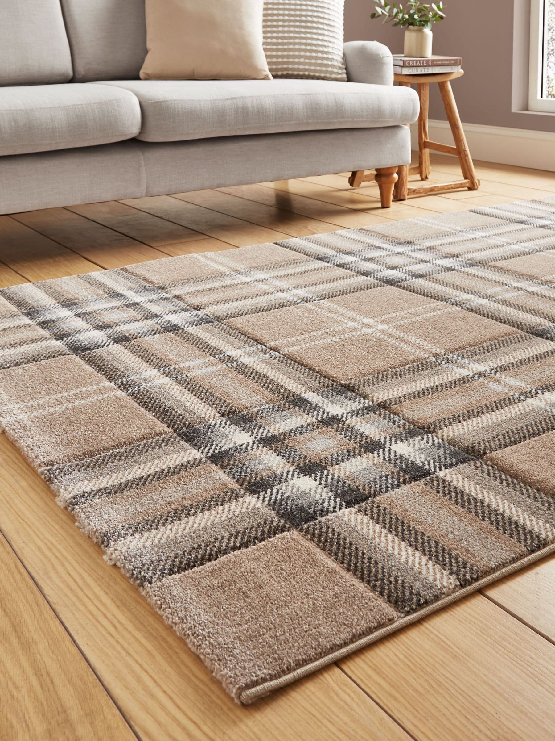 Catherine Lansfield Beige Kelso Check Tartan Rug - British product