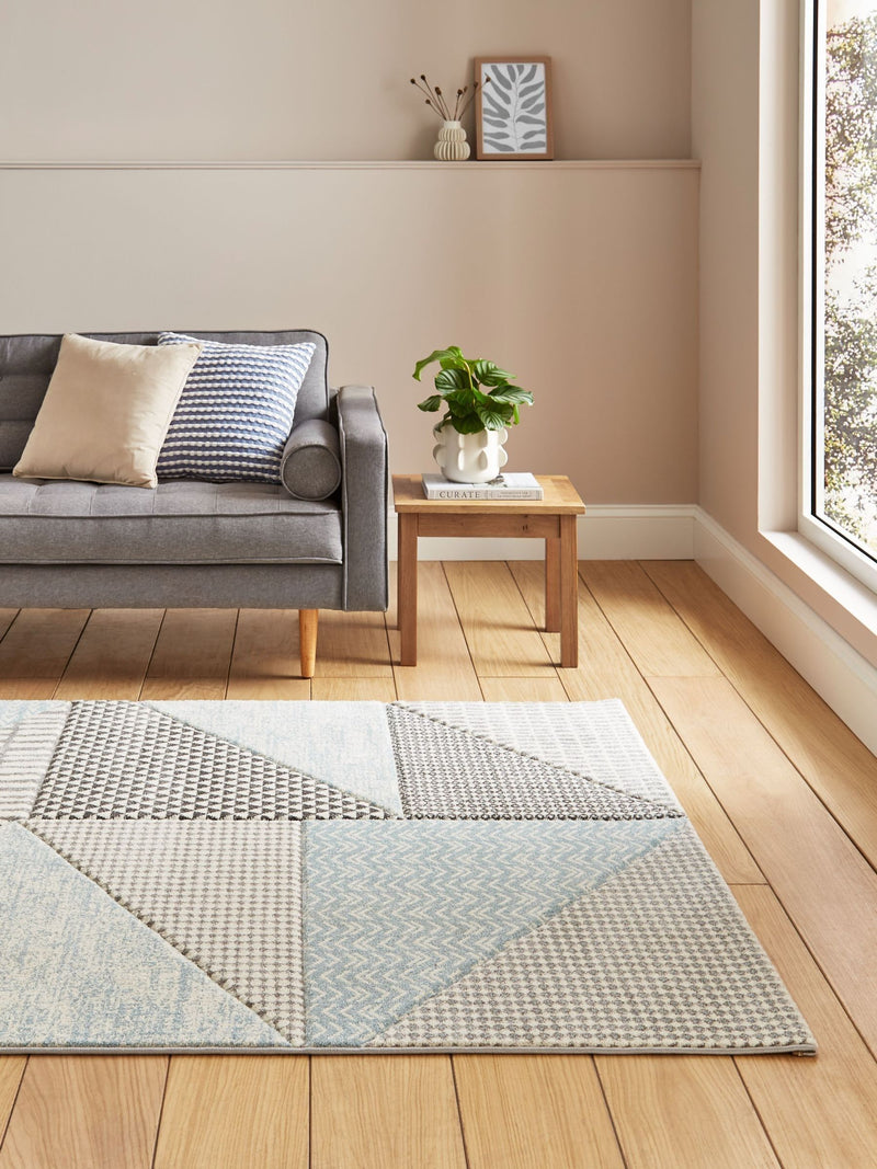 Catherine Lansfield blue grey Larsson geometric rug, imported from the UK