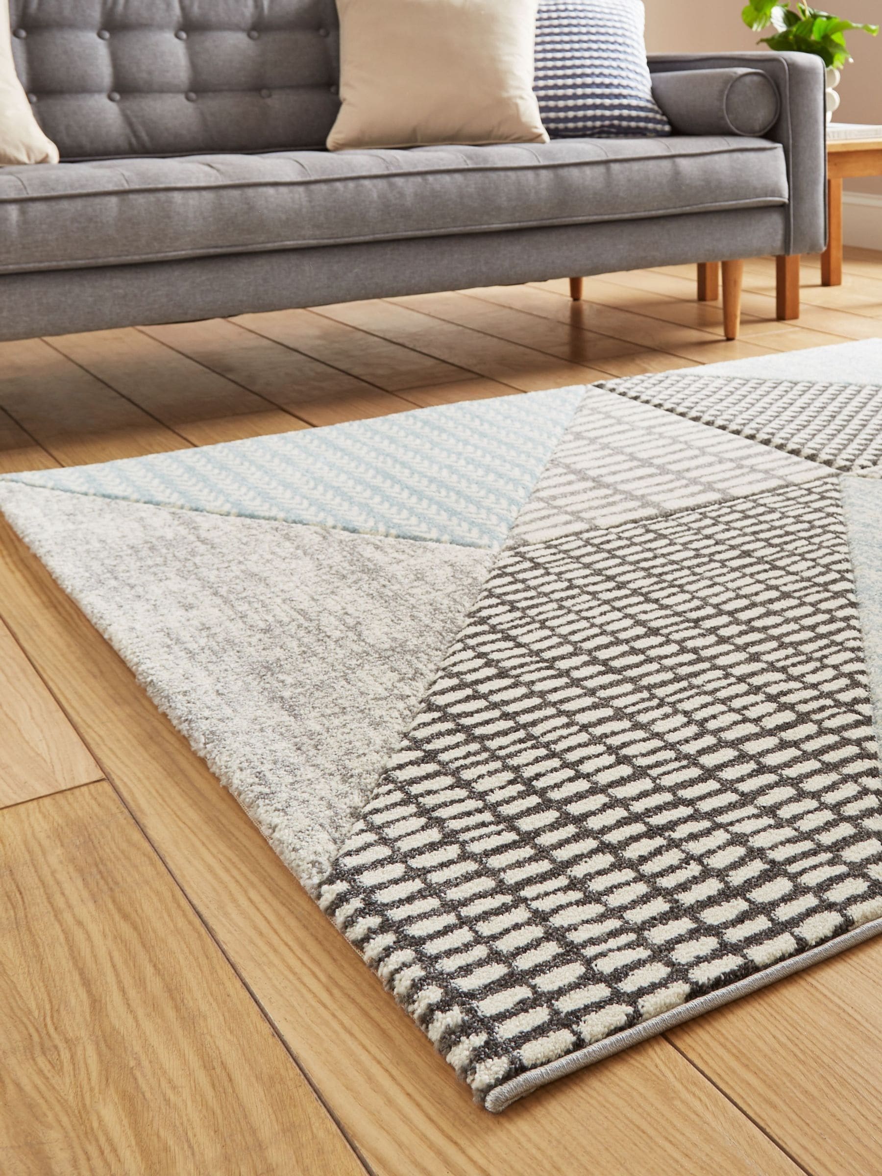 Catherine Lansfield blue grey Larsson geometric rug, imported from the UK