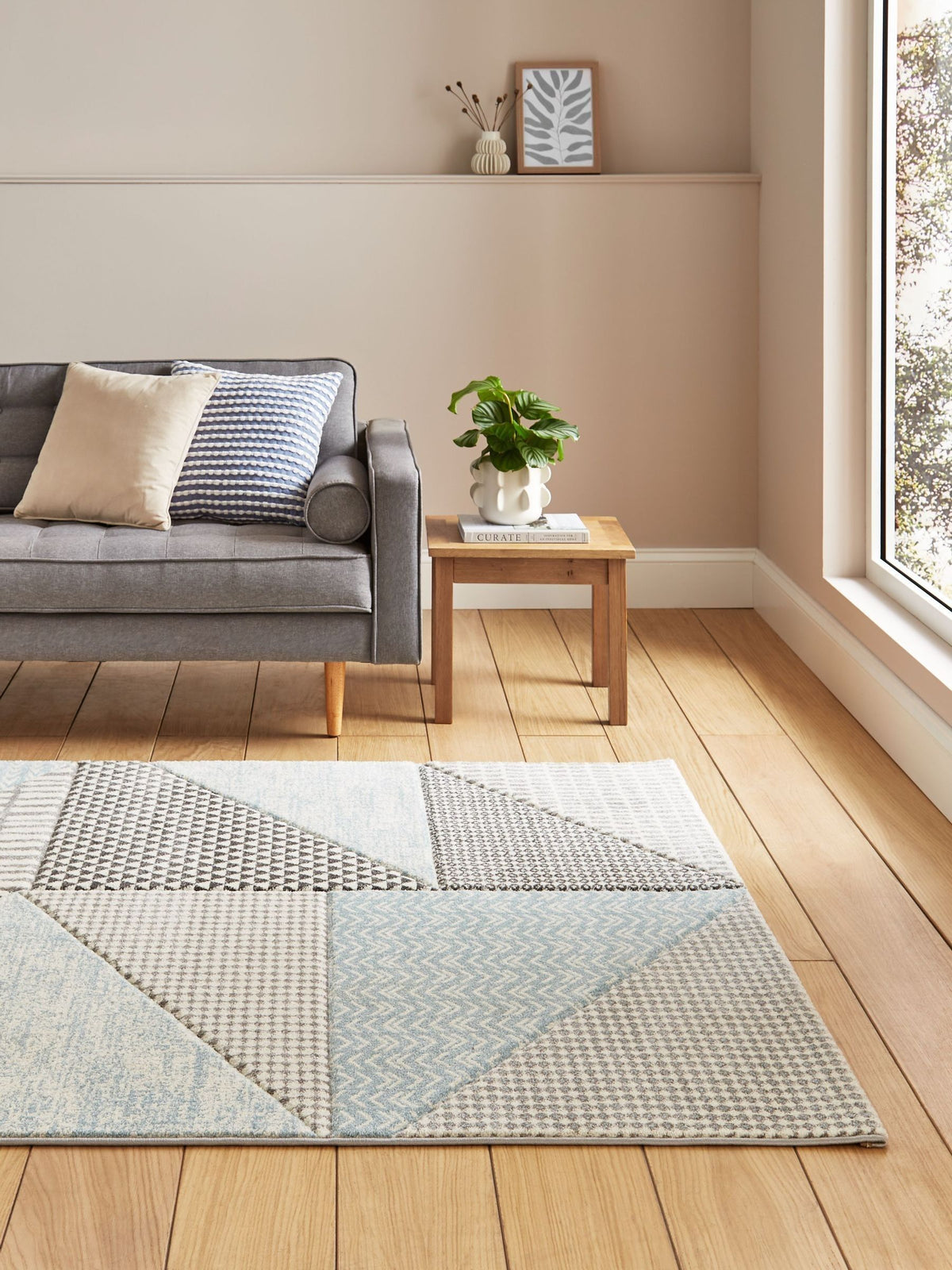 Catherine Lansfield blue grey Larsson geometric rug, imported from the UK