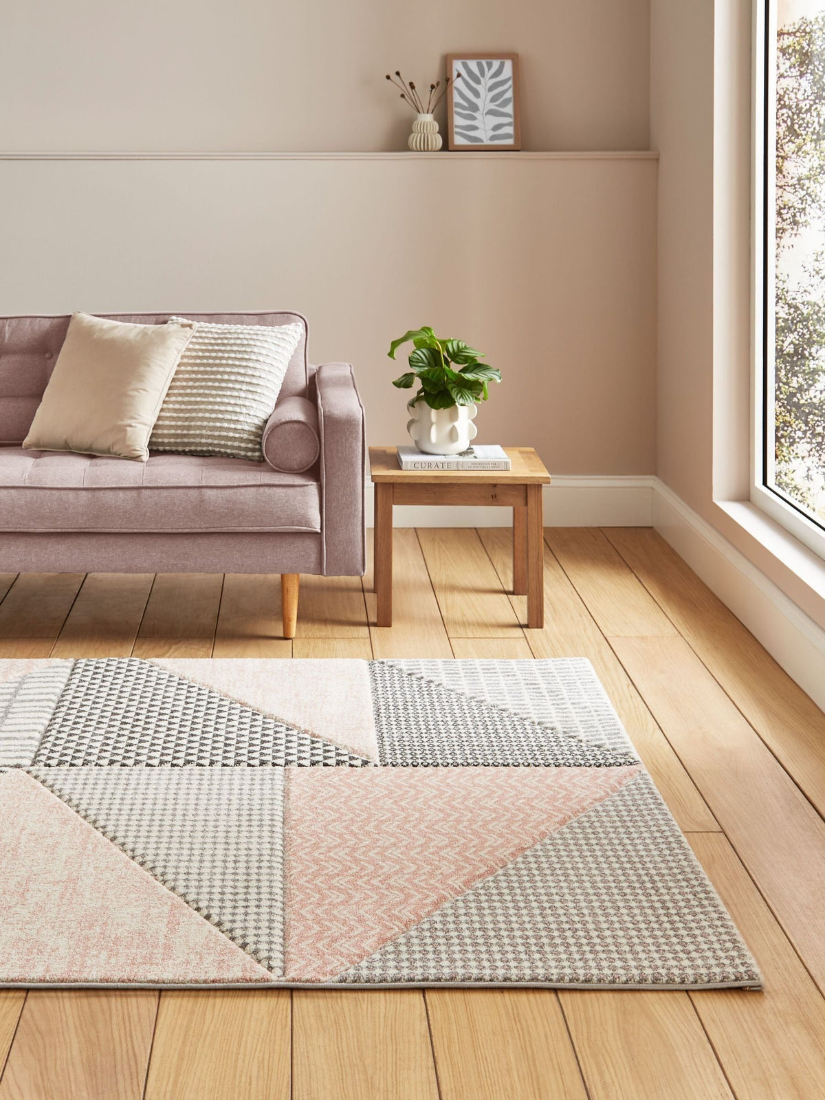 Catherine Lansfield rose grey geometric rug, imported from the UK