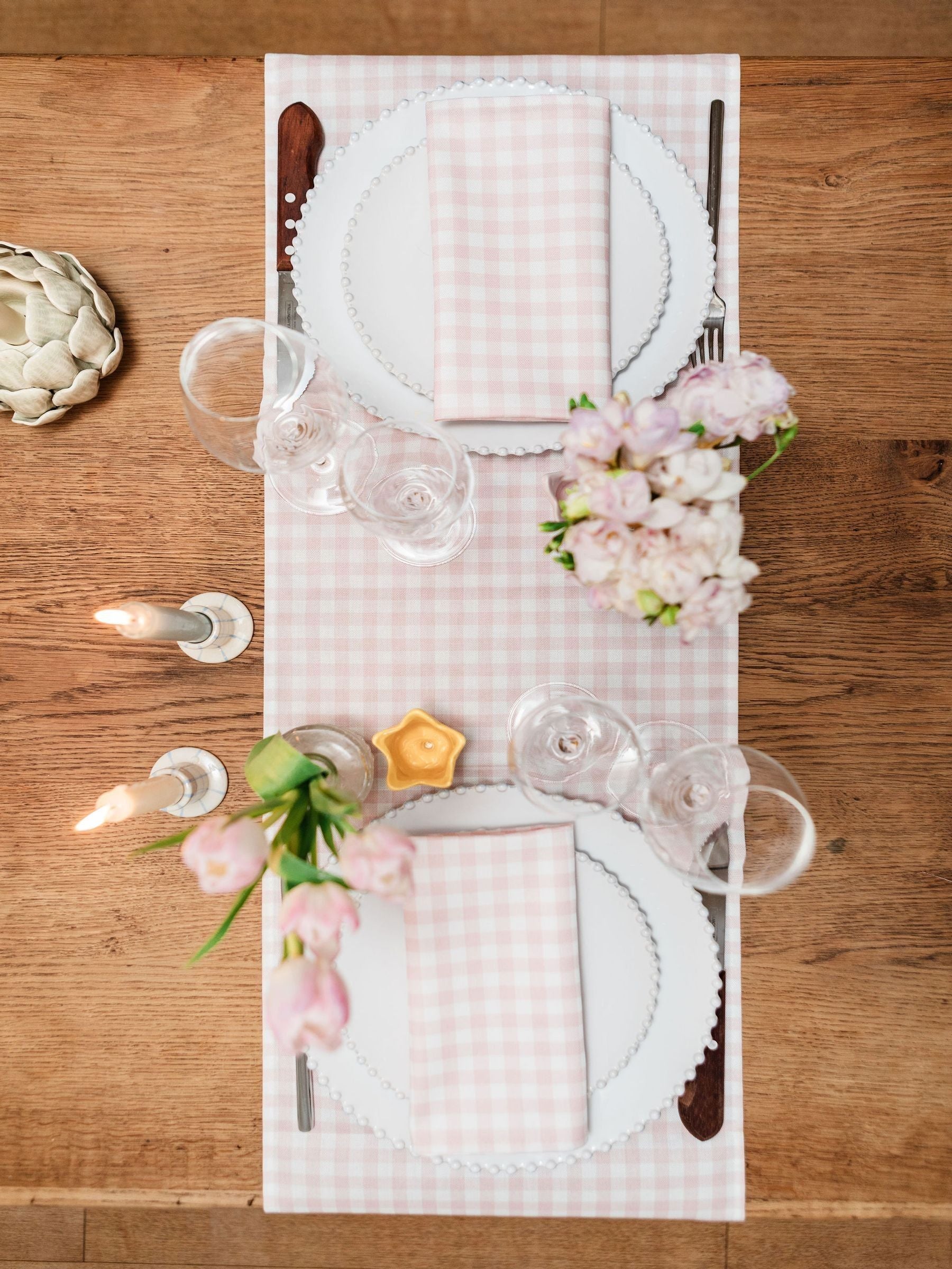 Avalon Home pink gingham table runner, 32x230cm - British product