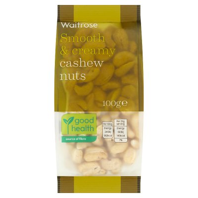 Waitrose cashew nuts 100g pack, imported from the UK
