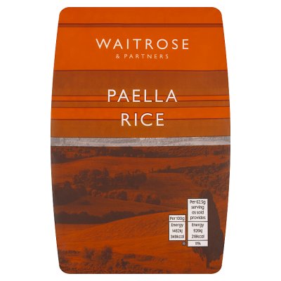 Waitrose paella rice 500g pack, imported from the UK