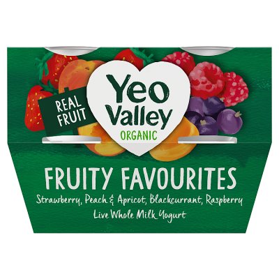 Yeo Valley organic yogurt Fruity Favourites 4x110g, imported from the UK