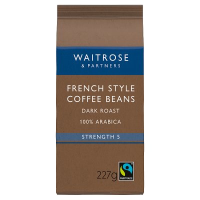 Waitrose Fairtrade French Style coffee beans 227g, imported from the UK