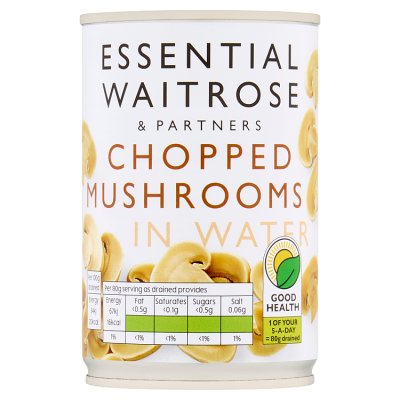 Essential Waitrose chopped mushrooms in water 290g (British brand)
