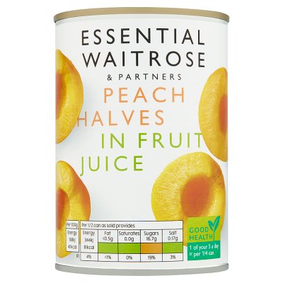 Waitrose Essential peach halves in fruit juice 410g, UK version