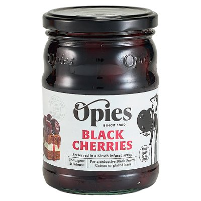 Opies black cherries in Kirsch syrup 370g jar (British brand)