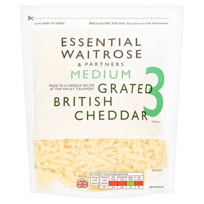 Essential Waitrose medium grated cheddar cheese strength 3 250g - British product