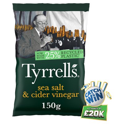 Tyrrells sea salt and cider vinegar crisps 150g, imported from the UK