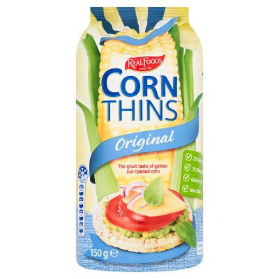Real Foods Corn Thins Original 150g, imported from the UK