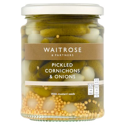 Waitrose pickled cornichons and onions 285g, UK version