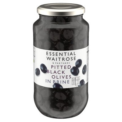 Waitrose Essential pitted black olives 900g jar - British product