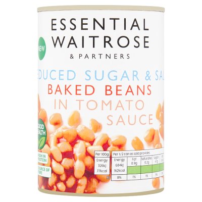 Waitrose Essential reduced salt and sugar baked beans 420g, UK version