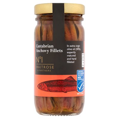 Waitrose No.1 anchovy fillets in olive oil 100g, imported from the UK