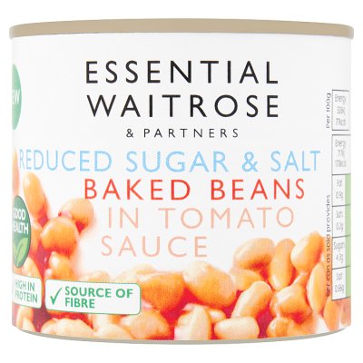Essential Waitrose reduced salt and sugar baked beans 220g, UK version