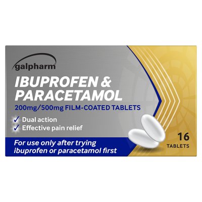 Galpharm dual action paracetamol ibuprofen 500mg 200mg 16 tablets - British product