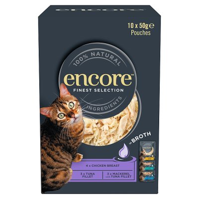 Encore natural cat food broth pouches 10x50g, imported from the UK