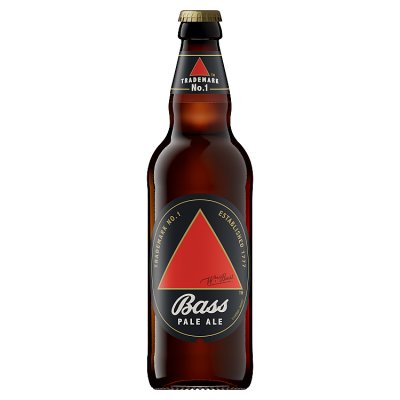 Bass 500ml beer bottle with red triangle logo, British product