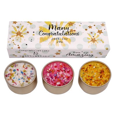 Best Kept Secrets 3-pack candle tin Many Congratulations, imported from the UK