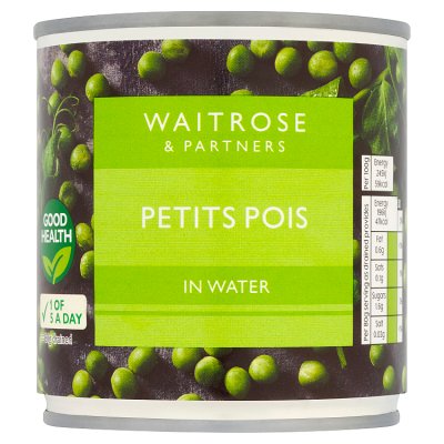 Waitrose petits pois in water 200g canned peas, UK version