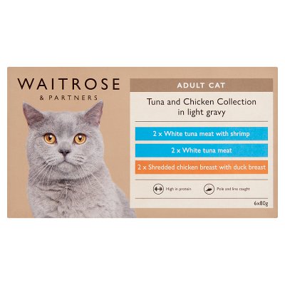 Waitrose cat food tuna and chicken collection 6x80g, imported from the UK