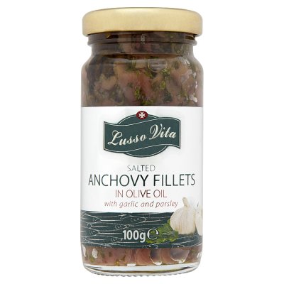 Lusso Vita anchovy fillets with garlic 100g, imported from the UK