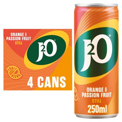 J2O orange and passion fruit juice drink cans 4x250ml, UK version
