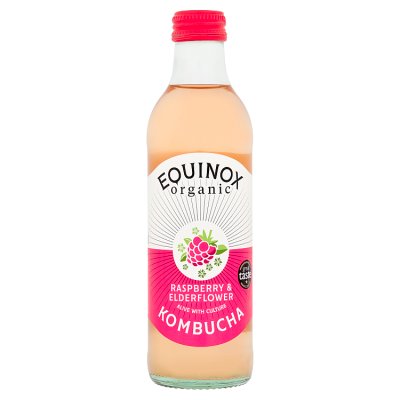 Equinox organic raspberry and elderflower kombucha 275ml, imported from the UK