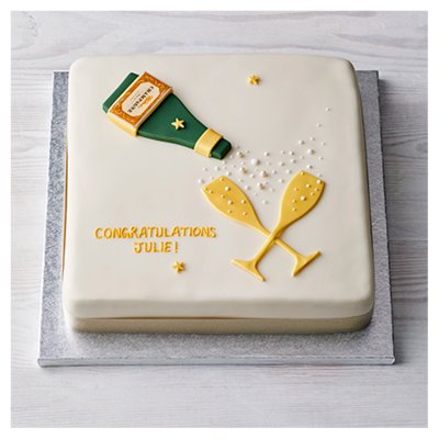 Celebration cake with sugar paste champagne bottle, imported from the UK