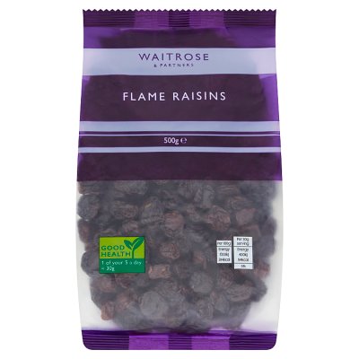 Waitrose Flame Raisins 500g pack - British product