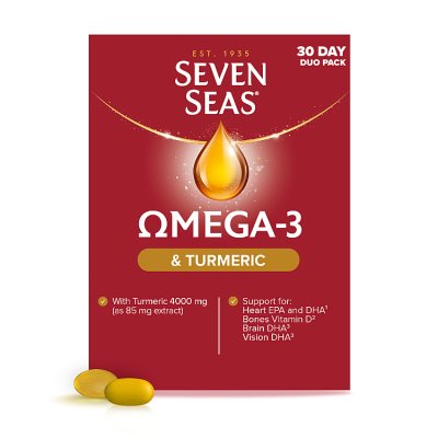 Seven Seas Omega-3 and Turmeric supplement 30 day pack, UK version