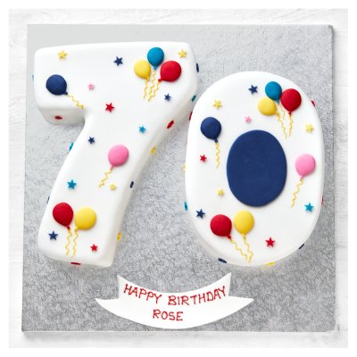 70th birthday cake with balloons and stars, UK version