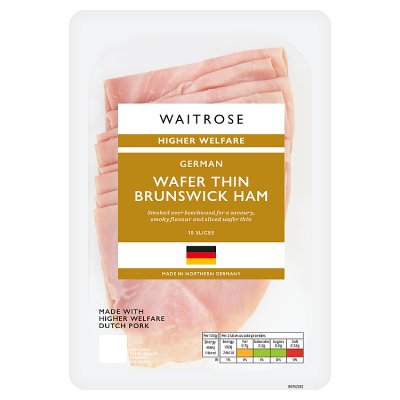 Waitrose German wafer thin Brunswick ham 110g, imported from the UK