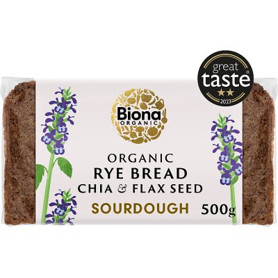 Biona organic rye bread with chia and flax, imported from the UK