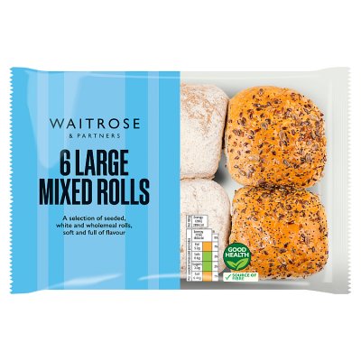 Waitrose 6 large mixed rolls, seeded white and wholemeal, UK version