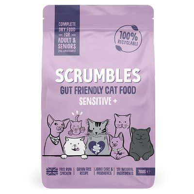 Scrumbles chicken sensitive+ dry cat food 700g, imported from the UK