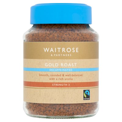 Waitrose Gold Roast decaf instant coffee 100g, imported from the UK