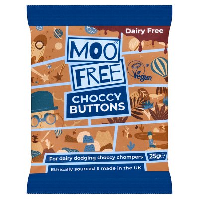 Moo Free vegan chocolate buttons 25g, imported from the UK