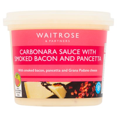Waitrose carbonara sauce with smoked bacon, pancetta 350g, imported from the UK